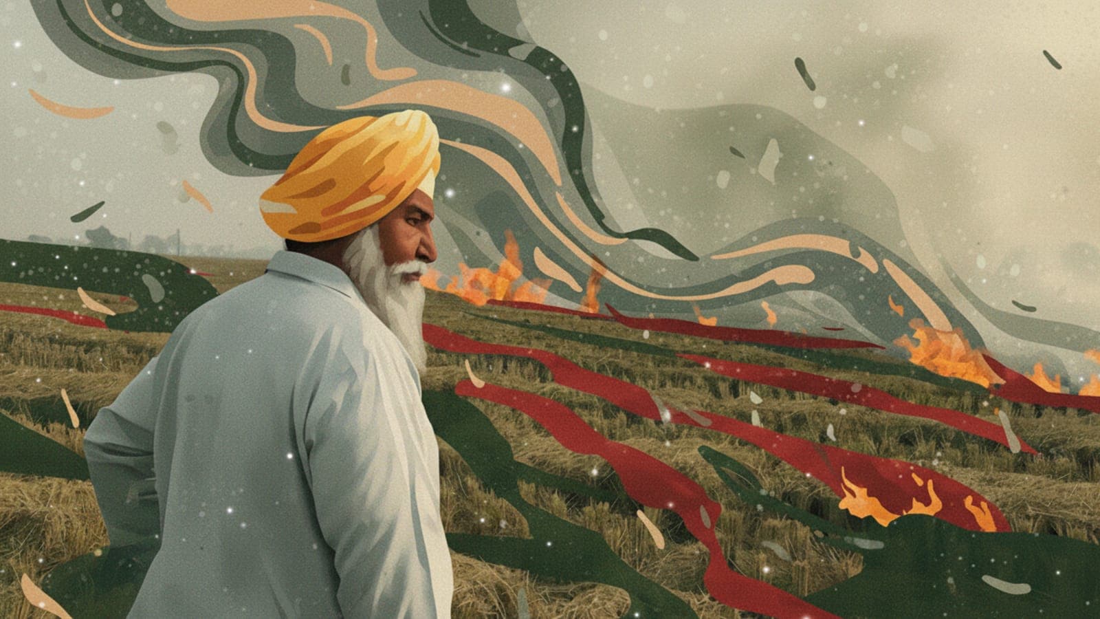 Illustration of an Indian farmer watching crop residue burn in his field